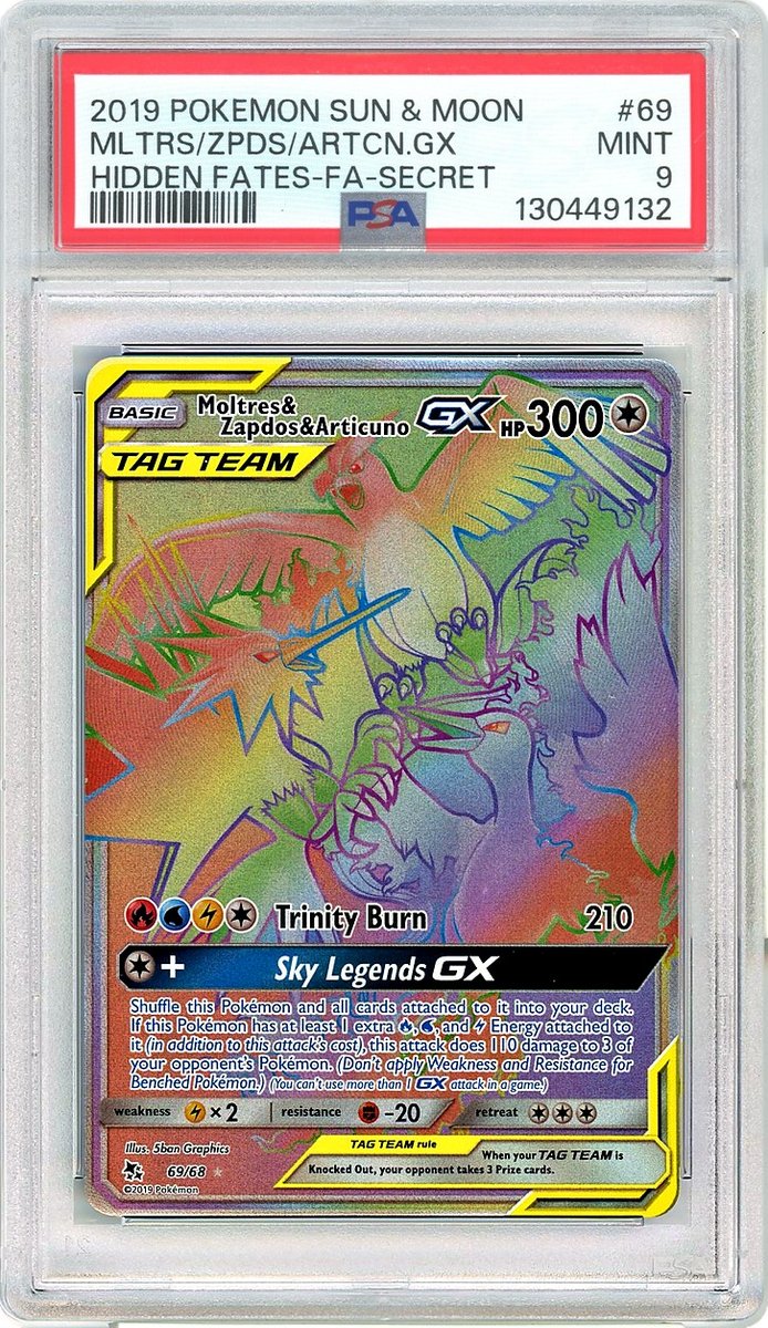 Full Art / Moltres & Zapdos & Articuno GX Secret Sun & Moon Hidden Fates PSA 9